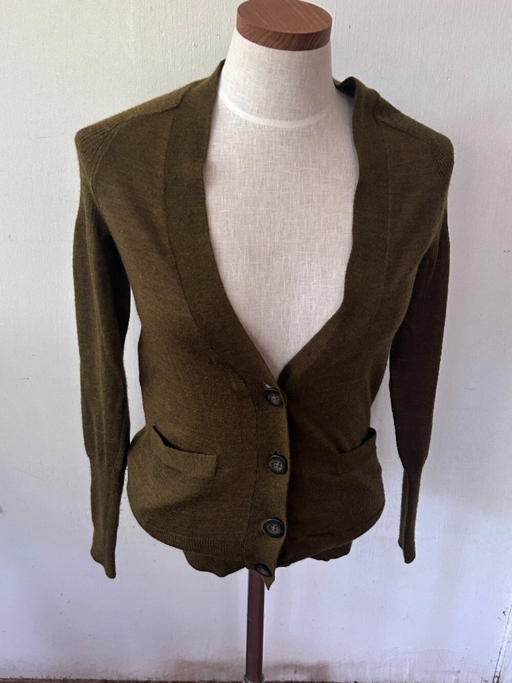 LOFT Forest Green Cardigan Womens XS Wool Blend Pockets Goblincore Twee Grandpa